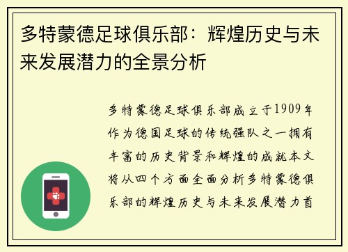 多特蒙德足球俱乐部:辉煌历史与未来发展潜力的全景分析