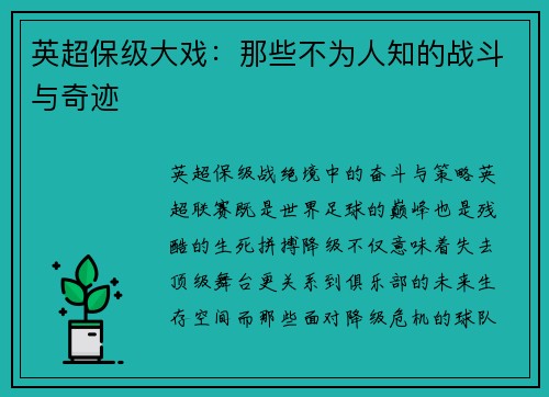 英超保级大戏：那些不为人知的战斗与奇迹