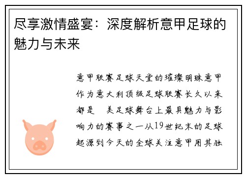 尽享激情盛宴：深度解析意甲足球的魅力与未来