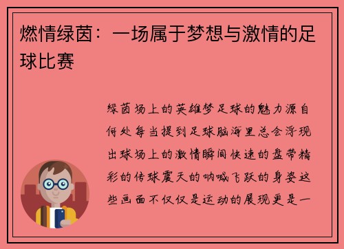 燃情绿茵：一场属于梦想与激情的足球比赛